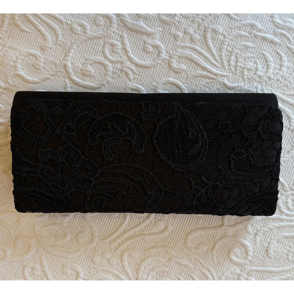 Black Satin Lace Overlay Evening Clutch Bag with Silver Chain Strap Formal Purse